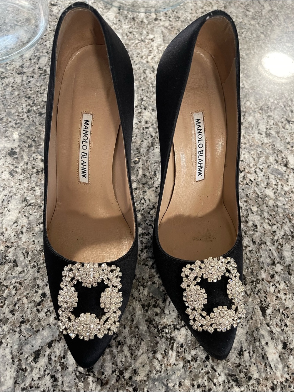 Manolo Blahnik Black Satin Crystal Buckle Pointed Pumps